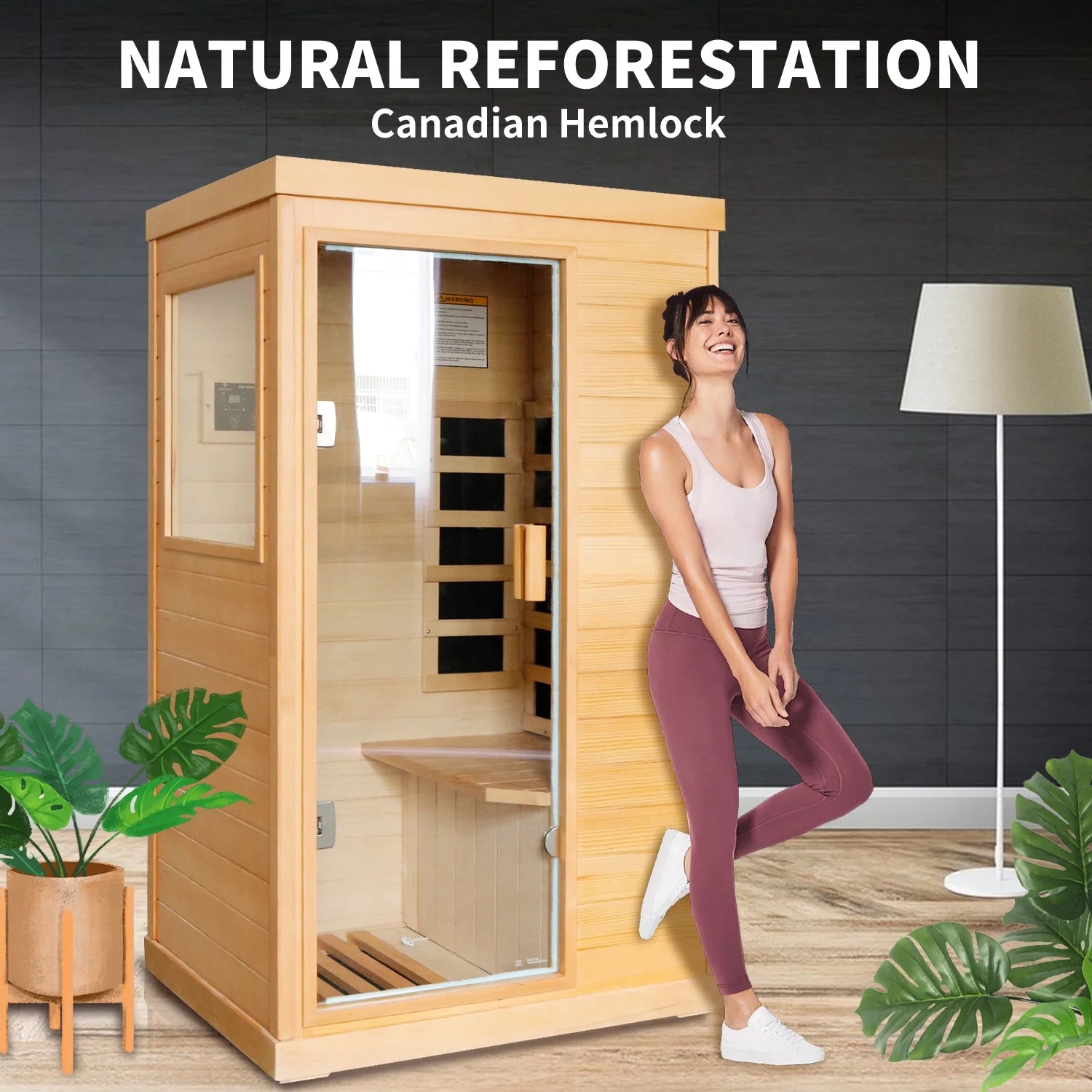 800W Far Infrared Sauna with Carbon Heaters, Canadian Hemlock Wood, Indoor Use