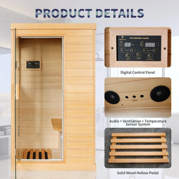 800W Far Infrared Sauna with Carbon Heaters, Canadian Hemlock Wood, Indoor Use